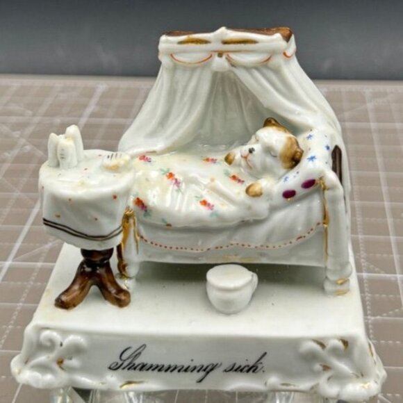 Vintage German Porcelain Figurine "Shamming Sick" Sick Puppy - Picture 1 of 6